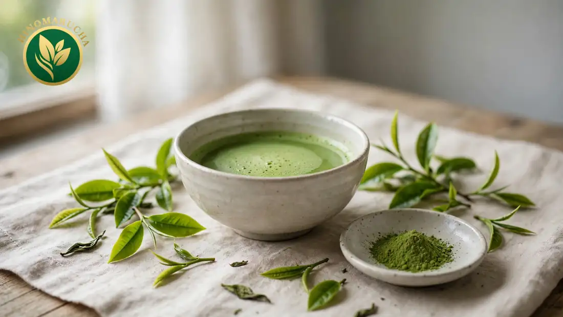 White bowl of matcha on linen with fresh tea leaves and a small dish of matcha powder