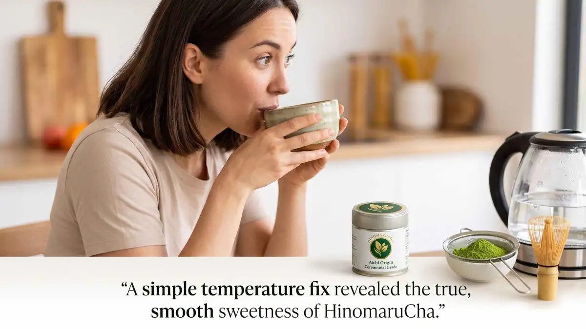 Woman sipping a bowl of matcha at a kitchen table beside a Hinomarucha tin, bamboo whisk and kettle