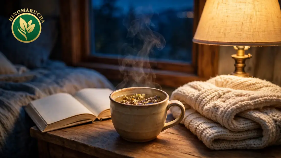 Steaming mug of herbal tea beside an open book and a knitted blanket under a warm lamp at night