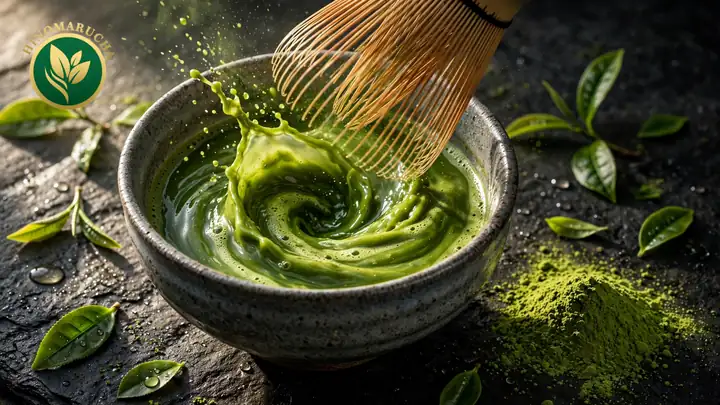 Bamboo whisk swirling bright green matcha in a stone bowl surrounded by tea leaves and matcha powder