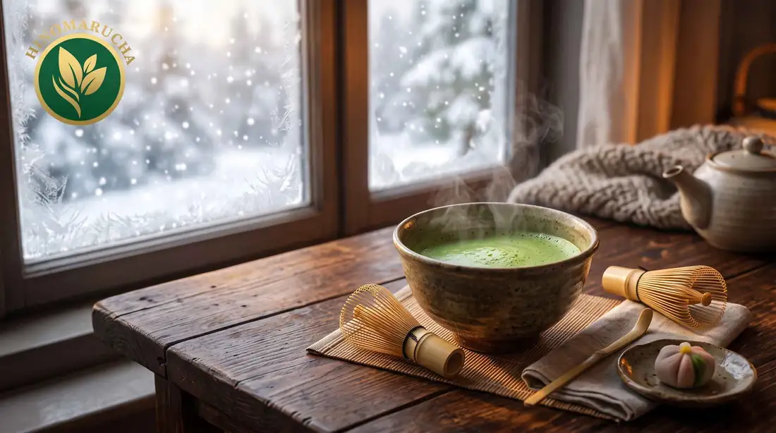 Steaming bowl of usucha matcha with bamboo whisks on a wooden table by a snowy window