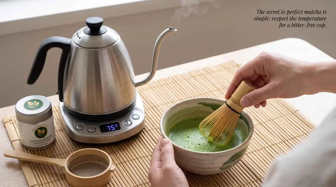 Hand whisking matcha in a bowl beside a digital kettle and Hinomarucha tin on a bamboo mat
