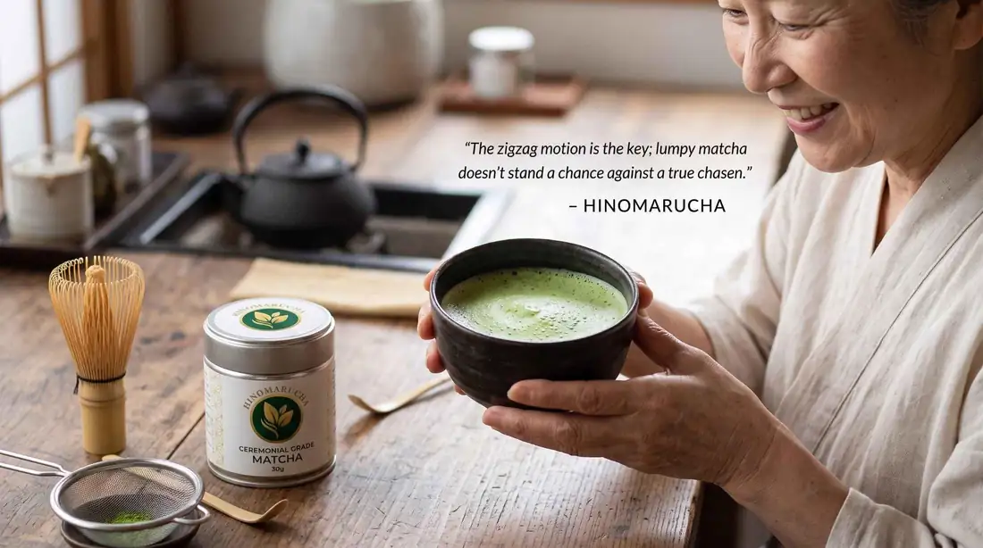 Smiling woman holding a bowl of frothy matcha next to a Hinomarucha tin and bamboo whisk