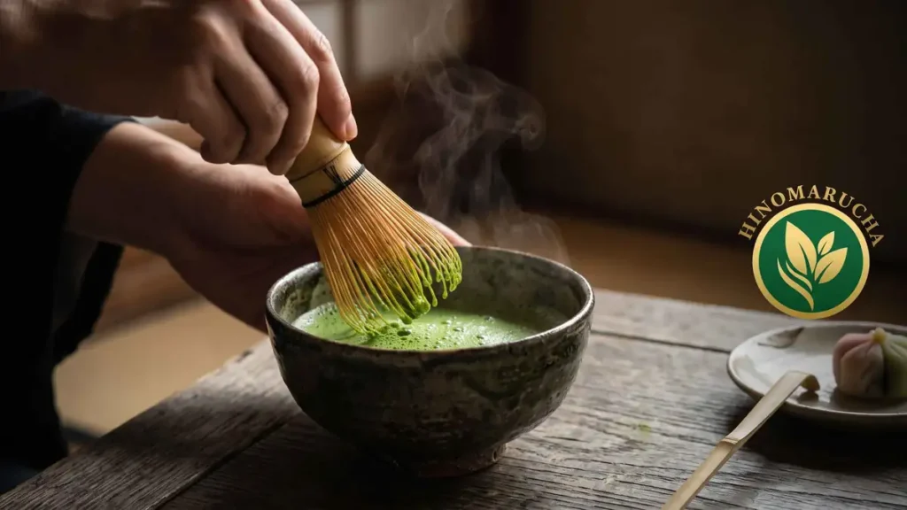 Hand whisking hot matcha with a bamboo chasen in a ceramic bowl as steam rises
