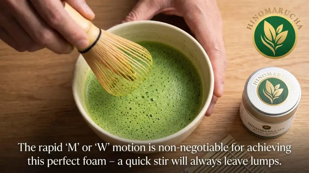Close-up of a bamboo chasen whisking bright green matcha foam beside a Hinomarucha tin