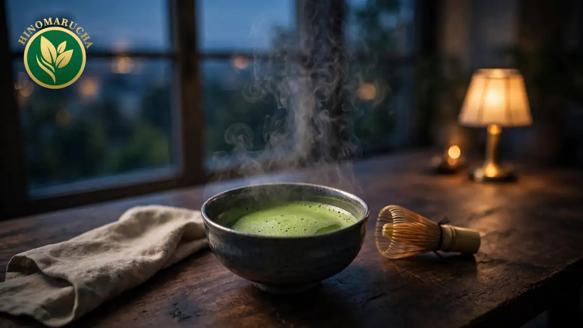 Steaming bowl of matcha and a bamboo whisk on a dark wooden table by a window at night