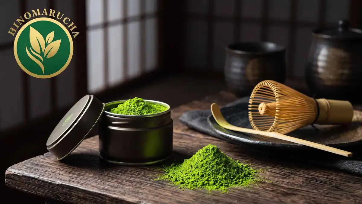 Matcha color guide: vibrant green matcha powder in an open tin beside a bamboo whisk and scoop