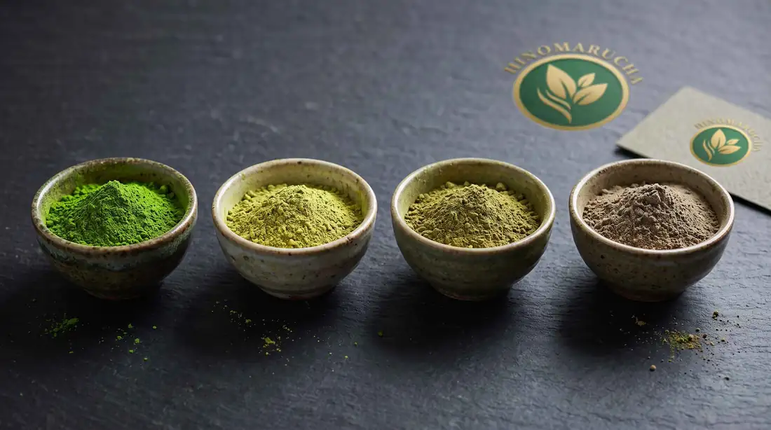 Four bowls of matcha powder on slate ranging from vivid green to yellow green, olive and grey brown