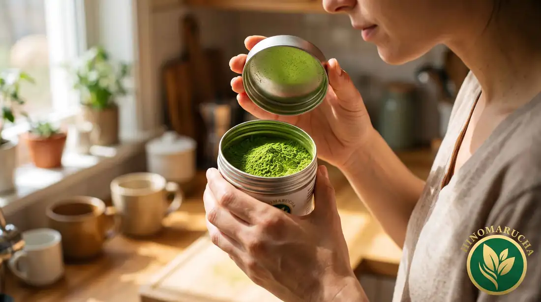 Woman smelling an open tin of green matcha powder in a bright kitchen