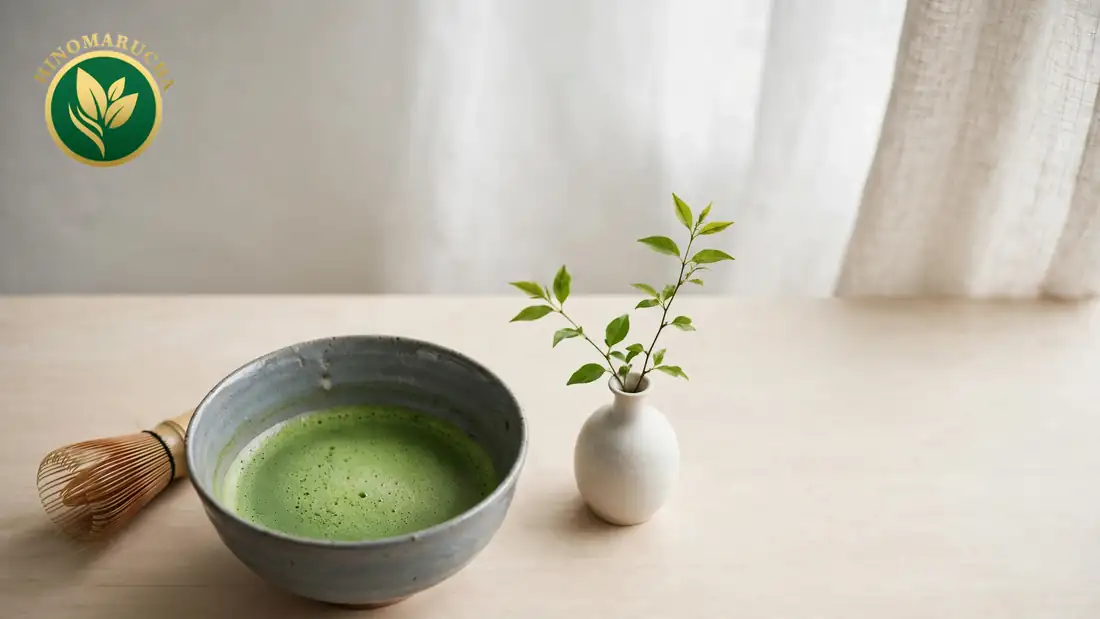 Bowl of whisked matcha with a bamboo whisk and a small vase of tea leaves on a bright table
