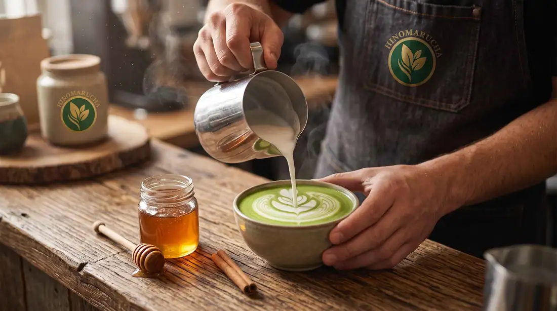 Barista pouring steamed milk latte art into a bowl of matcha beside honey and cinnamon sticks
