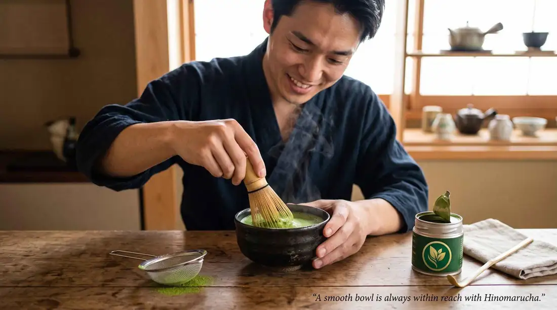 Smiling man whisking matcha in a bowl at a wooden table beside a Hinomarucha tin