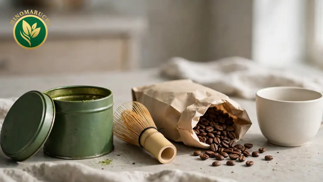 Green matcha tin and bamboo whisk next to a paper bag of spilled coffee beans and a white cup