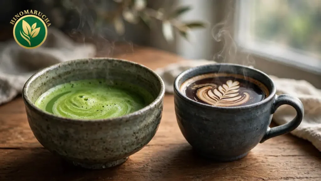 Bowl of frothy green matcha beside a cup of coffee with latte art on a wooden table