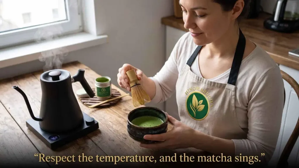 Barista whisking matcha beside a black gooseneck kettle with a Hinomarucha tin on the counter