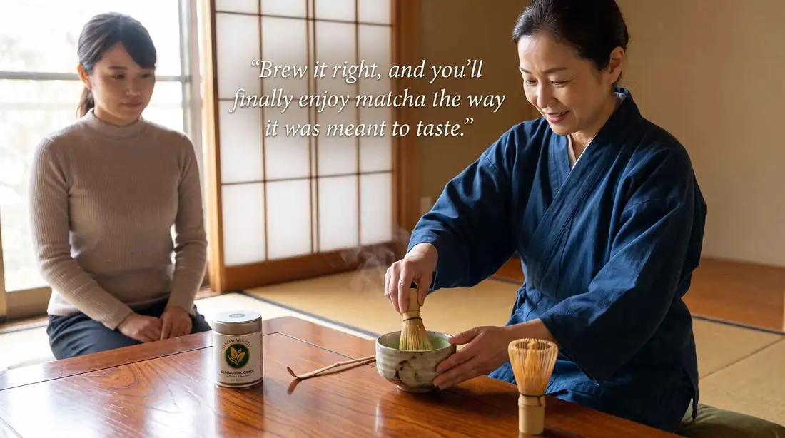 Woman in an indigo jacket whisking matcha at a wooden table while another woman watches