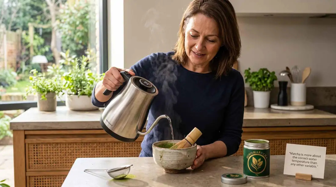 Woman pouring hot water from a steel kettle into a matcha bowl at a garden-view table