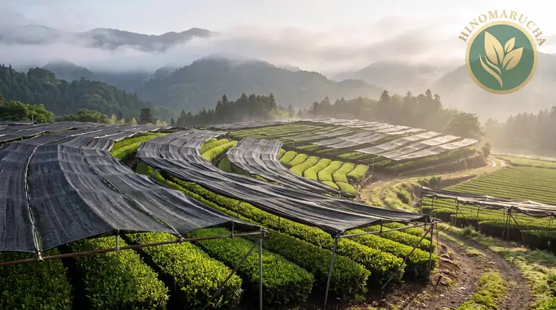 Tea bushes under black shade covers on terraced fields in misty Japanese hills