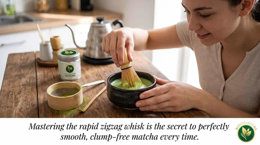Woman whisking matcha in a dark bowl with a Hinomarucha tin, sieve and kettle on the counter