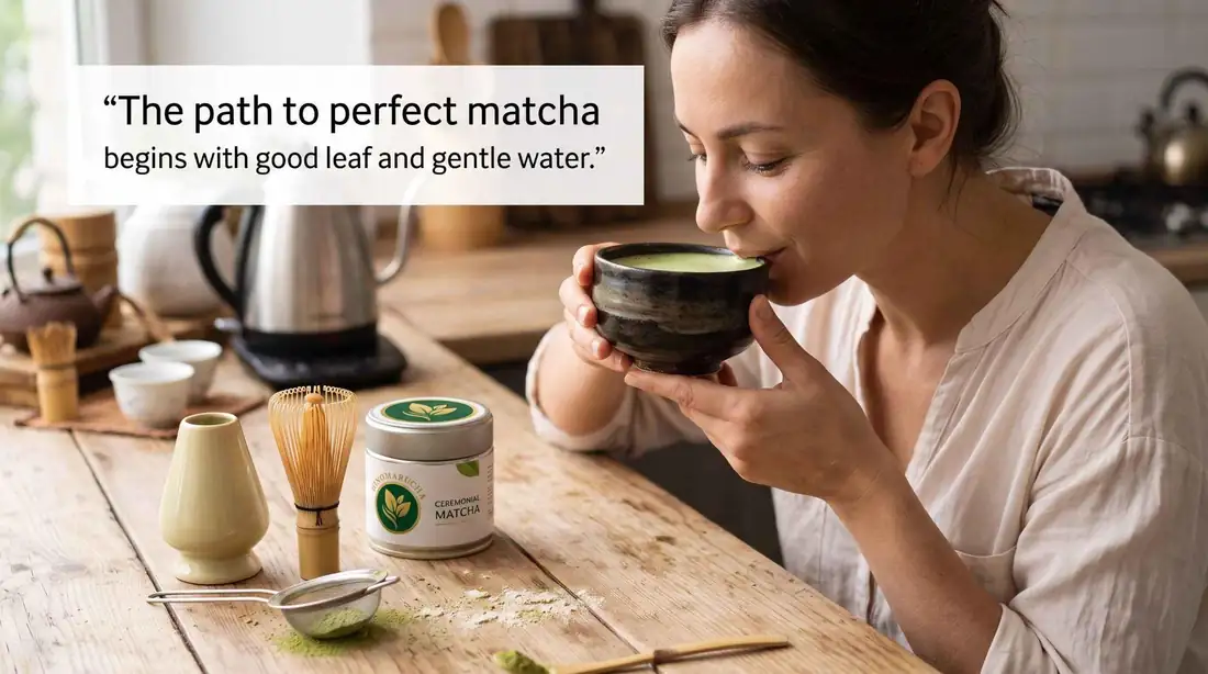 Woman sipping matcha from a bowl with a kettle, bamboo whisk and Hinomarucha tin on the counter