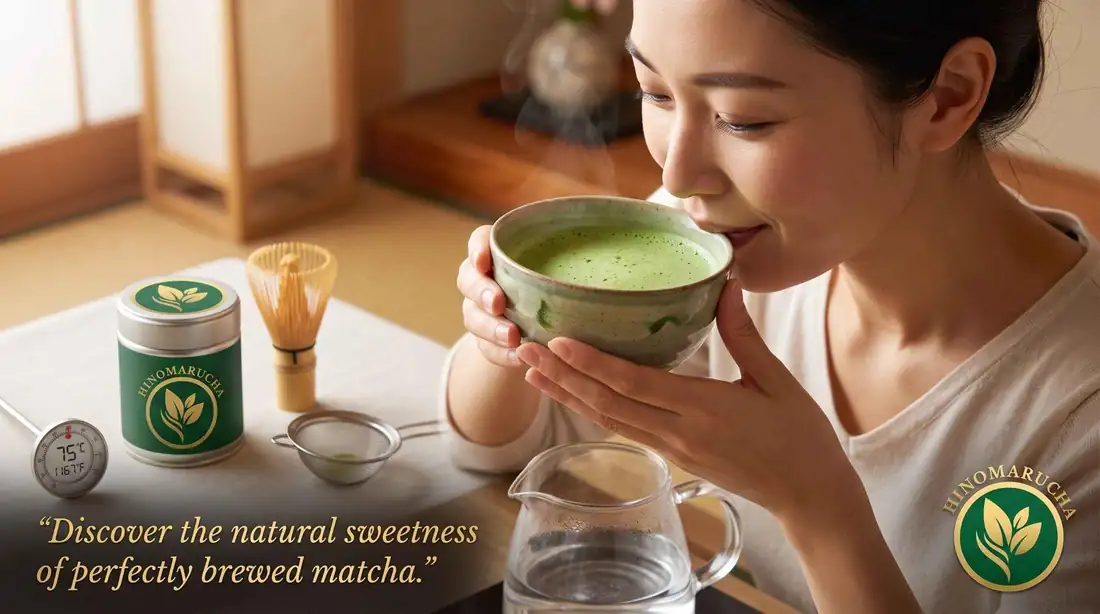Woman smelling a bowl of frothy matcha next to a Hinomarucha tin, sieve and bamboo whisk