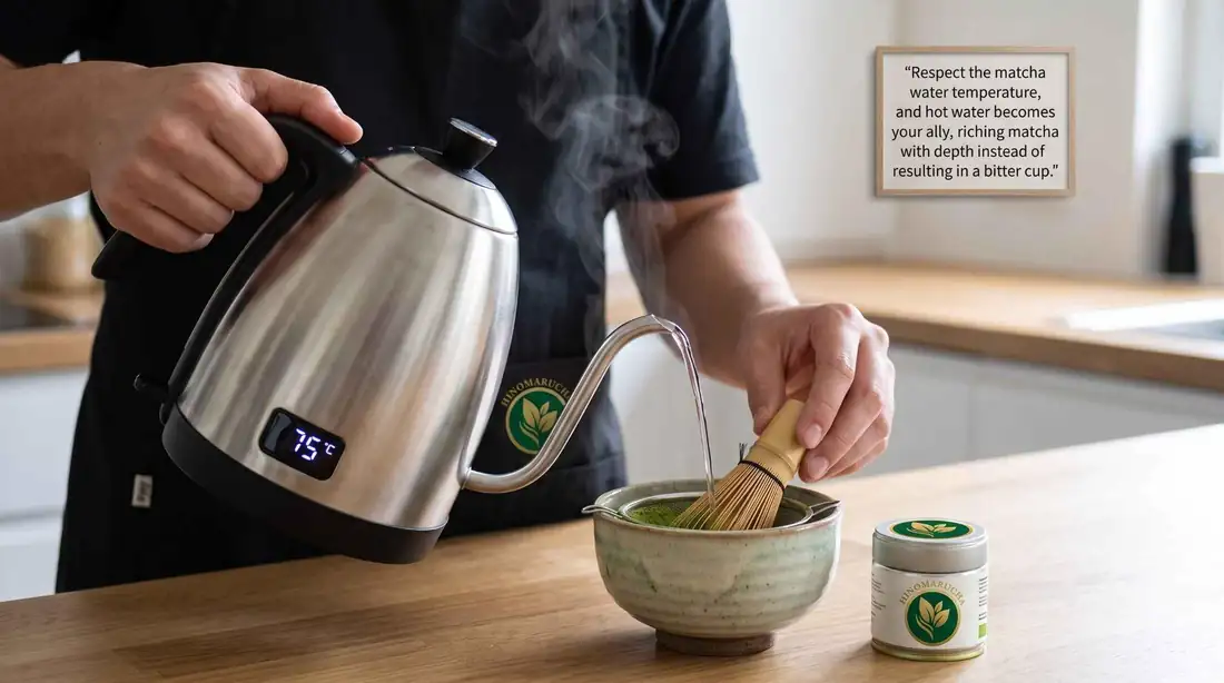 Person whisking matcha next to a temperature-control kettle showing 75 degrees and a Hinomarucha tin