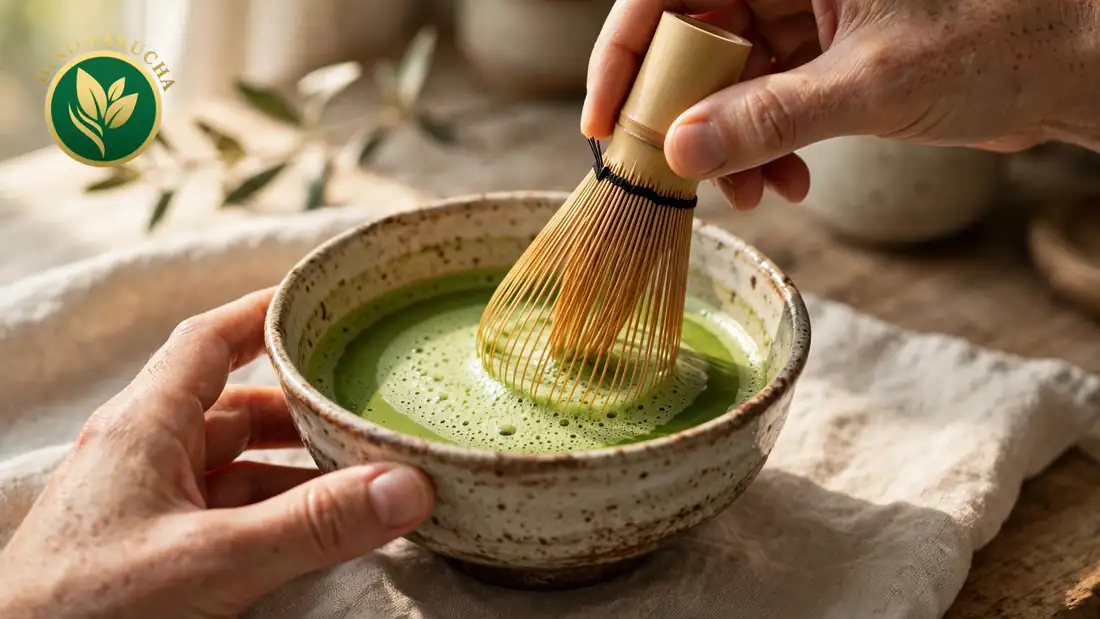 Hands whisking matcha with a bamboo chasen in a speckled ceramic bowl