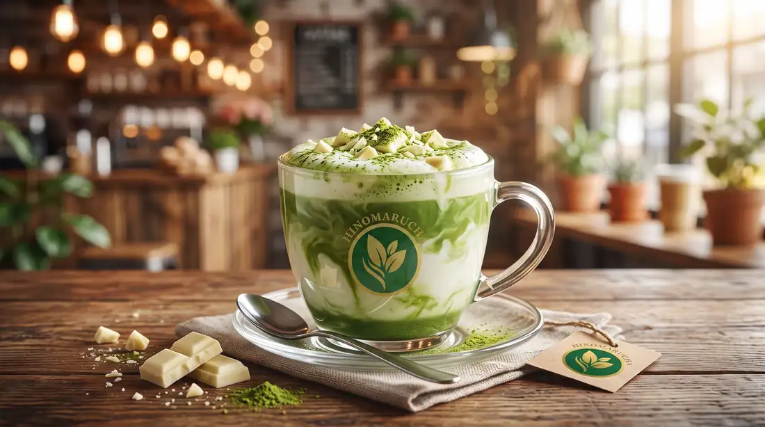 Layered white chocolate matcha latte in a glass mug topped with cream and matcha powder